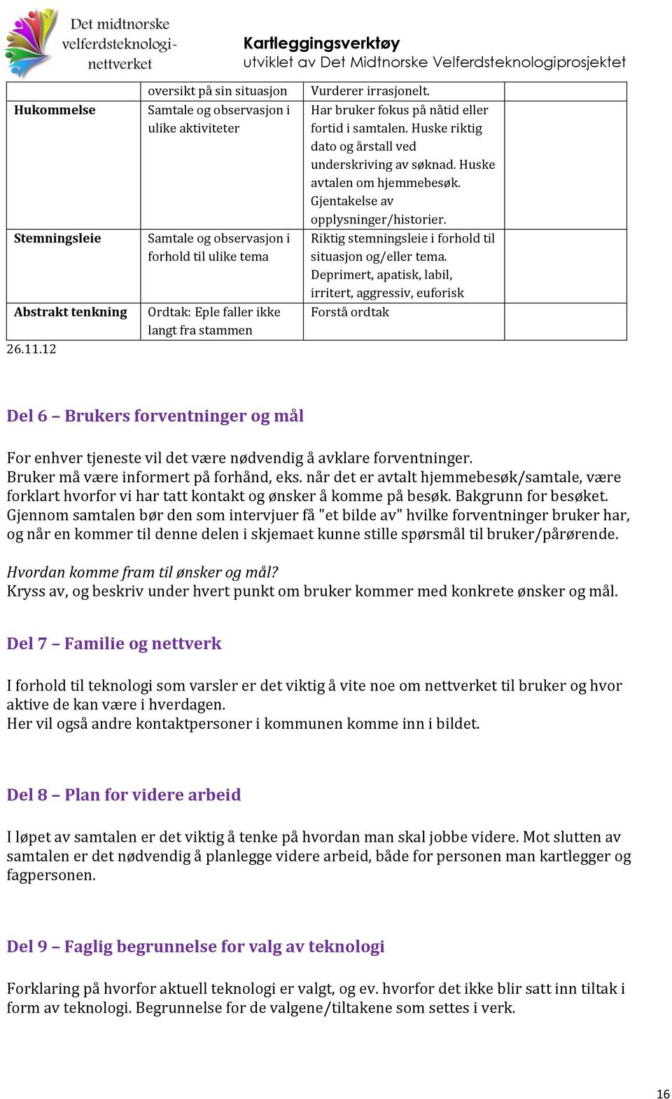 Har bruker fokus på nåtid eller fortid i samtalen. Huske riktig dato og årstall ved underskriving av søknad. Huske avtalen om hjemmebesøk. Gjentakelse av opplysninger/historier.