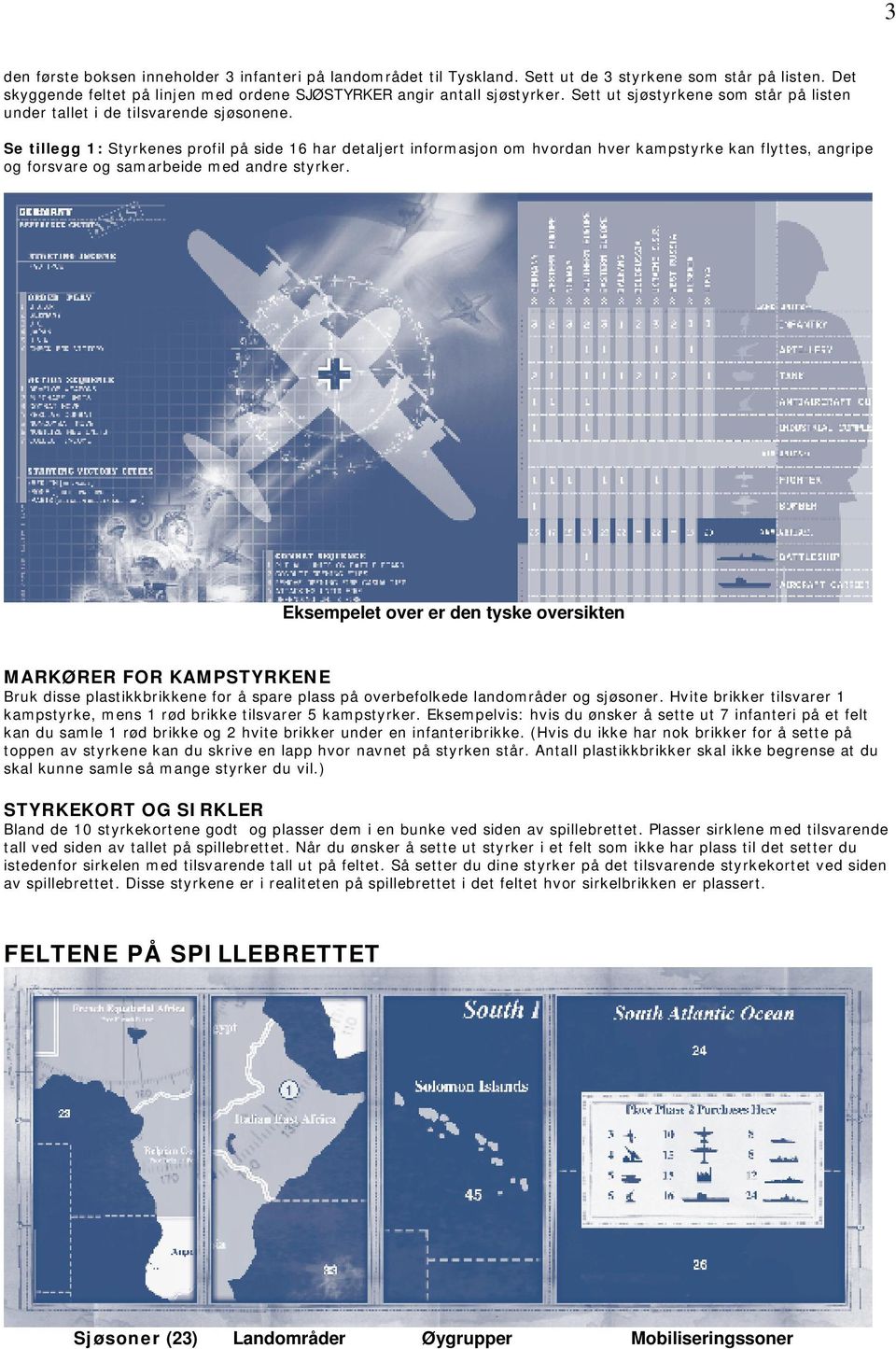 Se tillegg 1: Styrkenes profil på side 16 har detaljert informasjon om hvordan hver kampstyrke kan flyttes, angripe og forsvare og samarbeide med andre styrker.