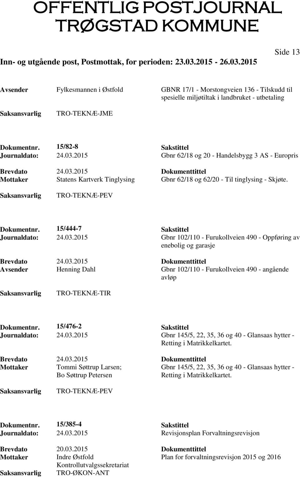 03.2015 Gbnr 102/110 - Furukollveien 490 - Oppføring av enebolig og garasje Avsender Henning Dahl Gbnr 102/110 - Furukollveien 490 - angående avløp Dokumentnr. 15/476-2 Sakstittel Journaldato: 24.03.2015 Gbnr 145/5, 22, 35, 36 og 40 - Glansaas hytter - Retting i Matrikkelkartet.