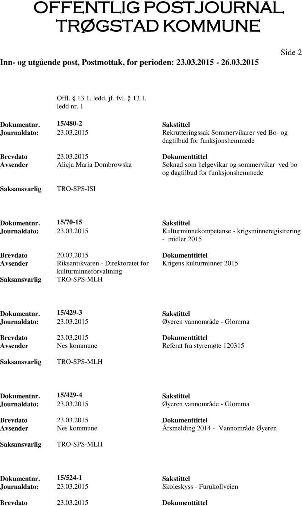 TRO-SPS-ISI Dokumentnr. 15/70-15 Sakstittel Journaldato: 23.03.