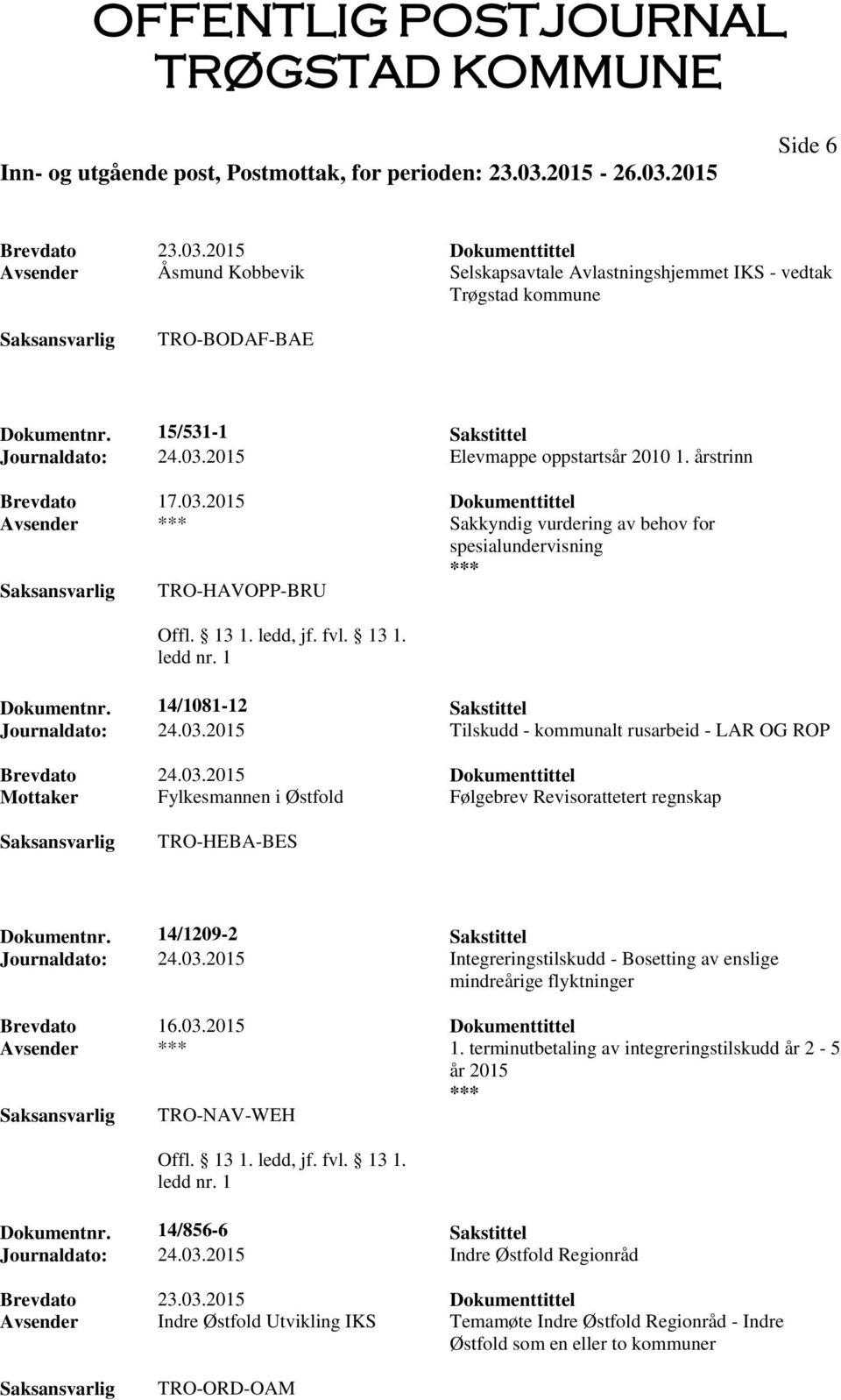 14/1209-2 Sakstittel Journaldato: 24.03.2015 Integreringstilskudd - Bosetting av enslige mindreårige flyktninger Brevdato 16.03.2015 Dokumenttittel Avsender 1.