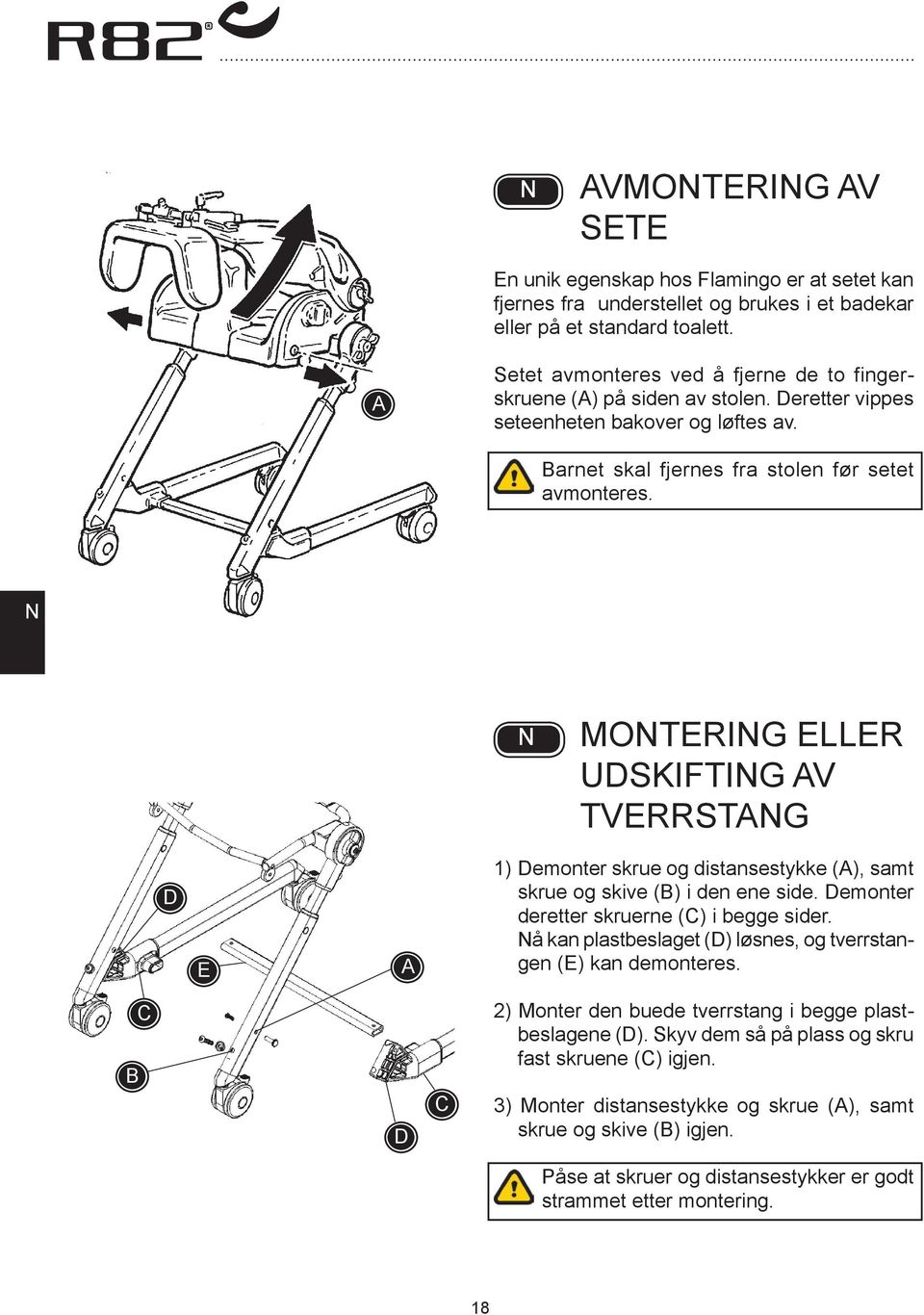 MOTERIG ELLER UDSKIFTIG V TVERRSTG D E 1) Demonter skrue og distansestykke (), samt skrue og skive () i den ene side. Demonter deretter skruerne (C) i begge sider.