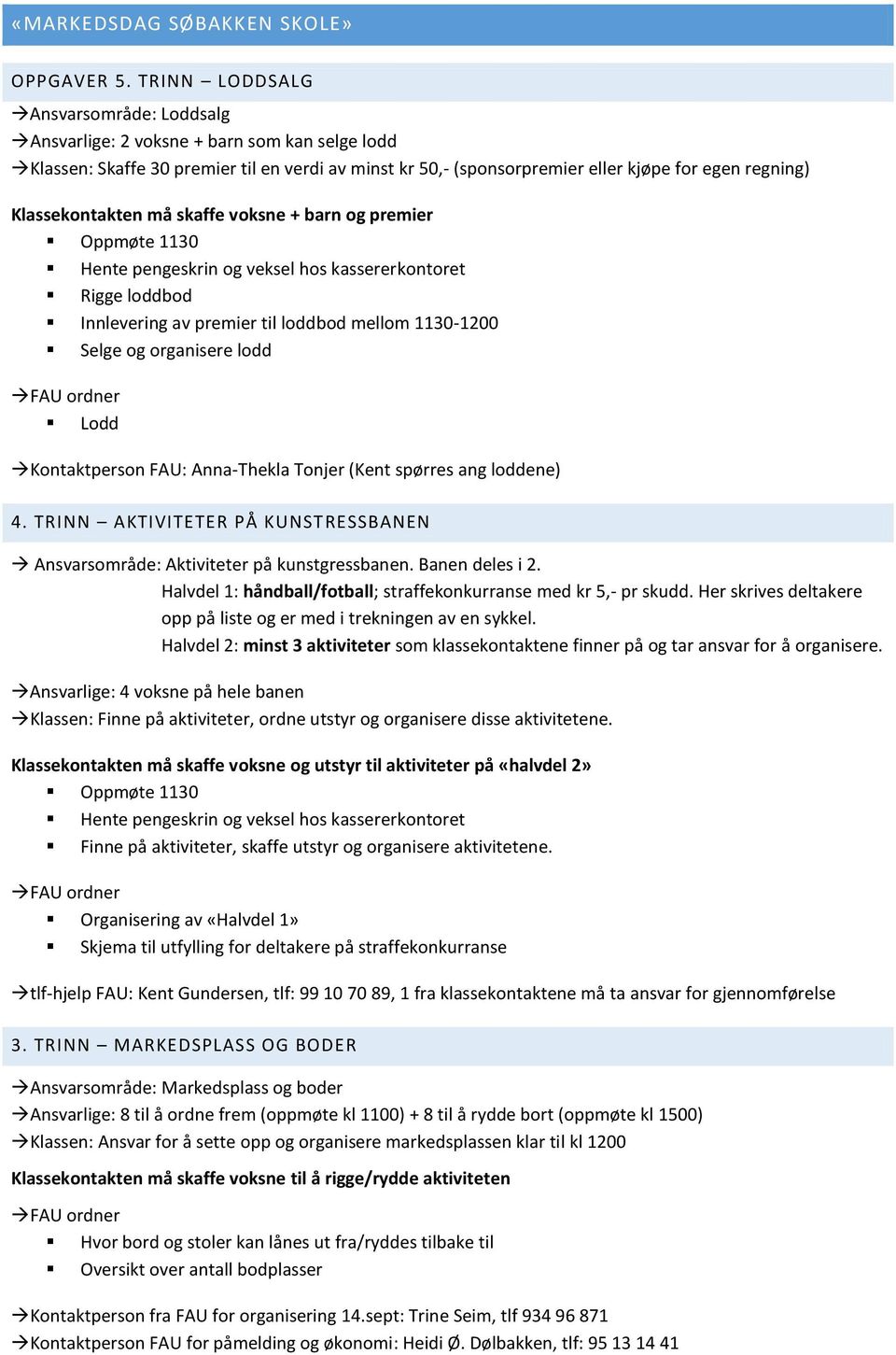 Klassekontakten må skaffe voksne + barn og premier Oppmøte 1130 Rigge loddbod Innlevering av premier til loddbod mellom 1130-1200 Selge og organisere lodd Lodd Kontaktperson FAU: Anna-Thekla Tonjer