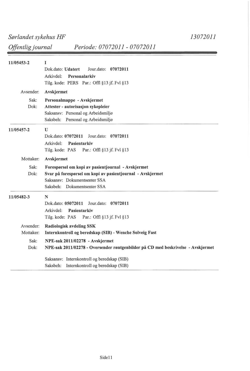 Fvl l3 Forespørsel om kopi av pasientjournal - Svar på forespørsel om kopi av pasientjournal - Saksansv: Dokumentsenter SSA Saksbeh: Dokumentsenter SSA 11/05482-3