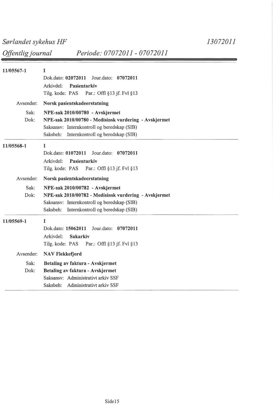 kode: PAS Par.: Offl 13 jf. Fvl 13 Norsk pasientskadeerstatning NPE-sak 2010/00782 - NPE-sak 2010/00782 - Medisinsk vurdering - 11/05569-1 I Dok.