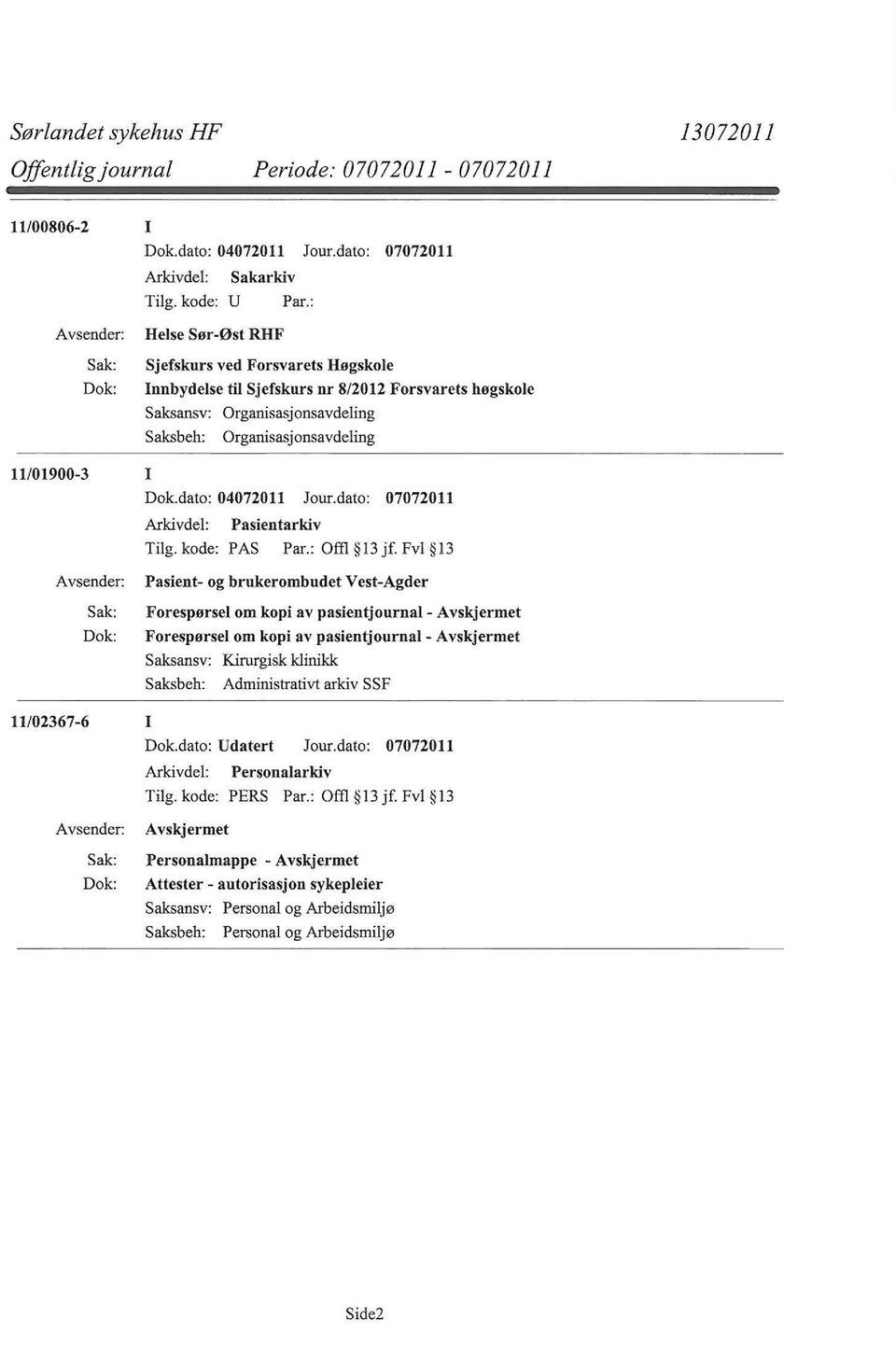 Saksbeh: Organisasjonsavdeling 11/01900-3 I Dok.dato: 04072011 Jour.dato: 07072011 Tilg. kode: PAS Par.: Offl 13 jf.