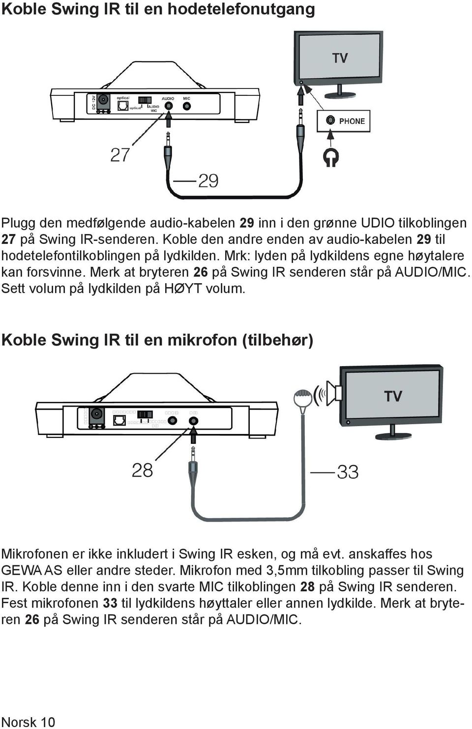 Merk at bryteren 26 på Swing IR senderen står på AUDIO/MIC. Sett volum på lydkilden på HØYT volum.