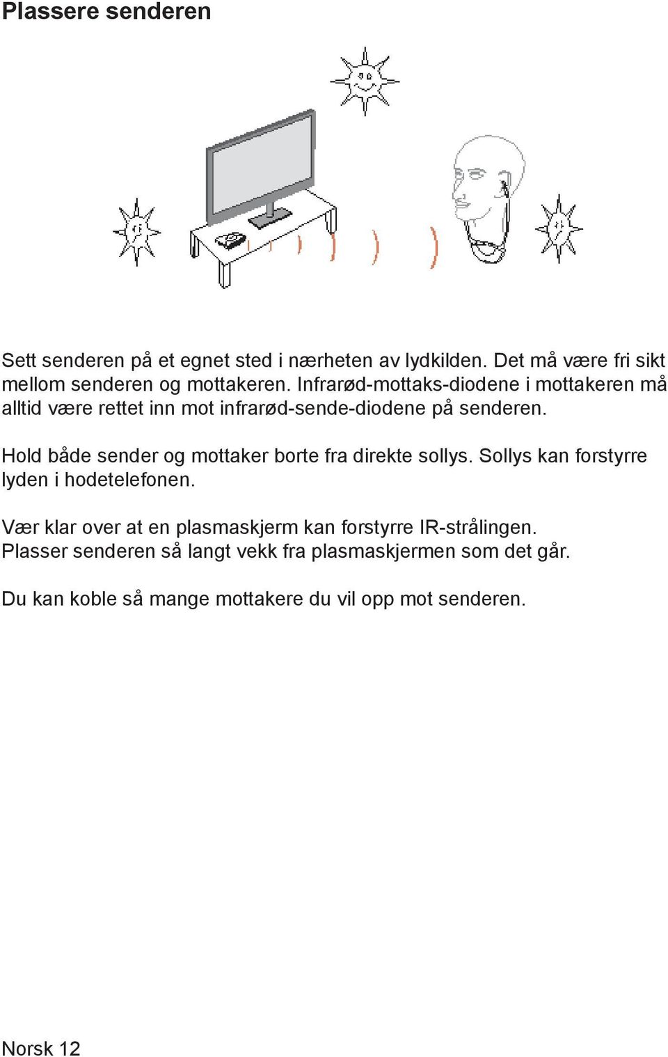 Hold både sender og mottaker borte fra direkte sollys. Sollys kan forstyrre lyden i hodetelefonen.