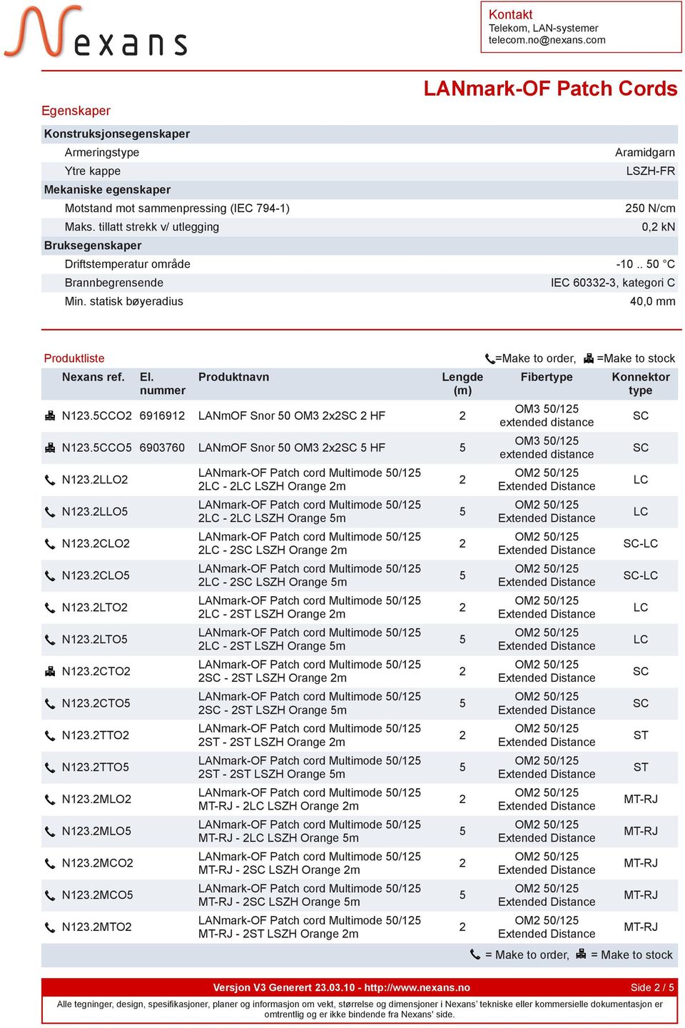 statisk bøyeradius 40,0 mm Produktliste =Make to order, =Make to stock N13.CCO 691691 LANmOF Snor 0 OM3 x HF N13.CCO 6903760 LANmOF Snor 0 OM3 x HF N13.LLO N13.LLO N13.CLO N13.CLO N13.LTO N13.LTO N13.CTO N13.