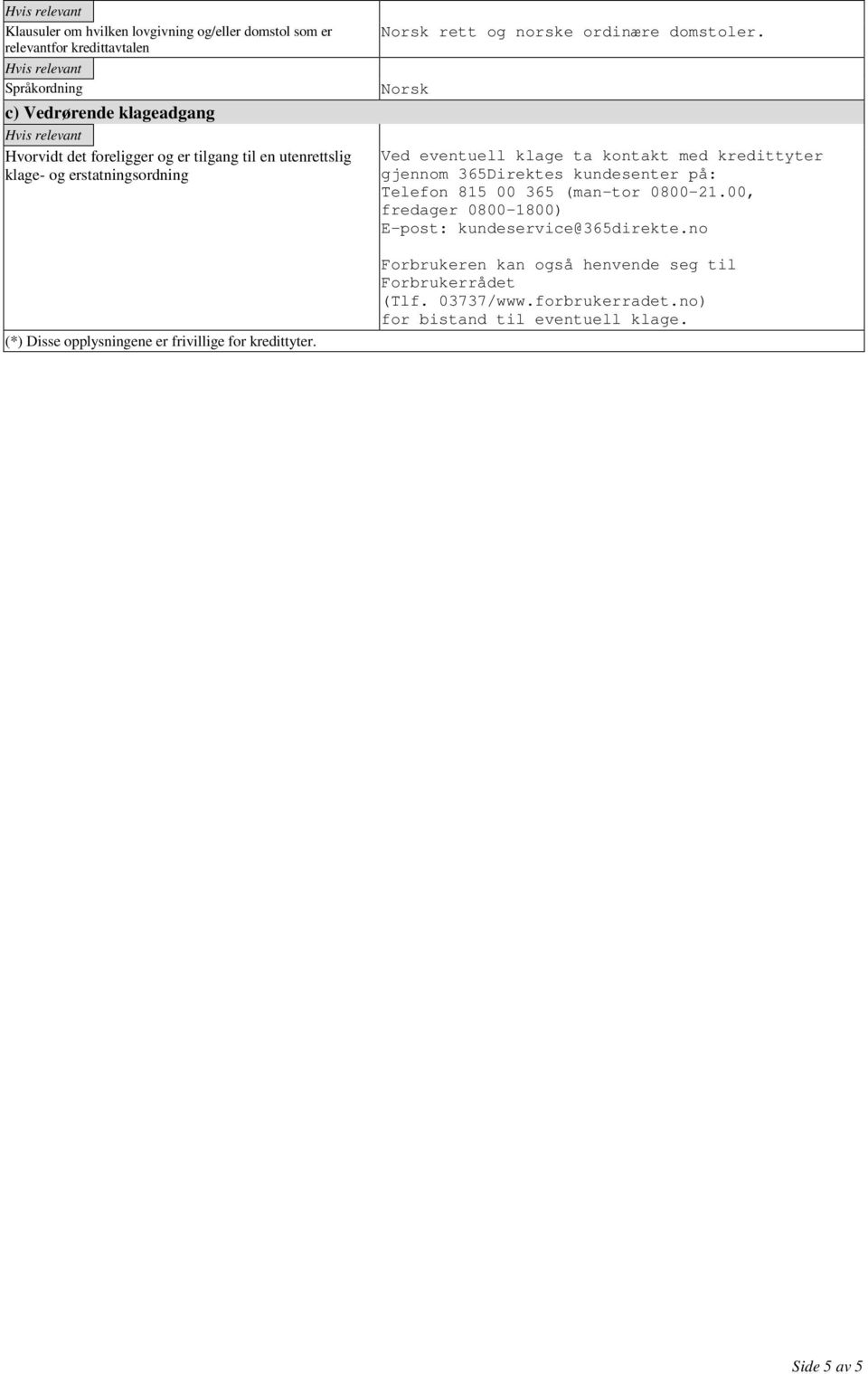 Norsk Ved eventuell klage ta kontakt med kredittyter gjennom 365Direktes kundesenter på: Telefon 815 00 365 (man-tor 0800 21.