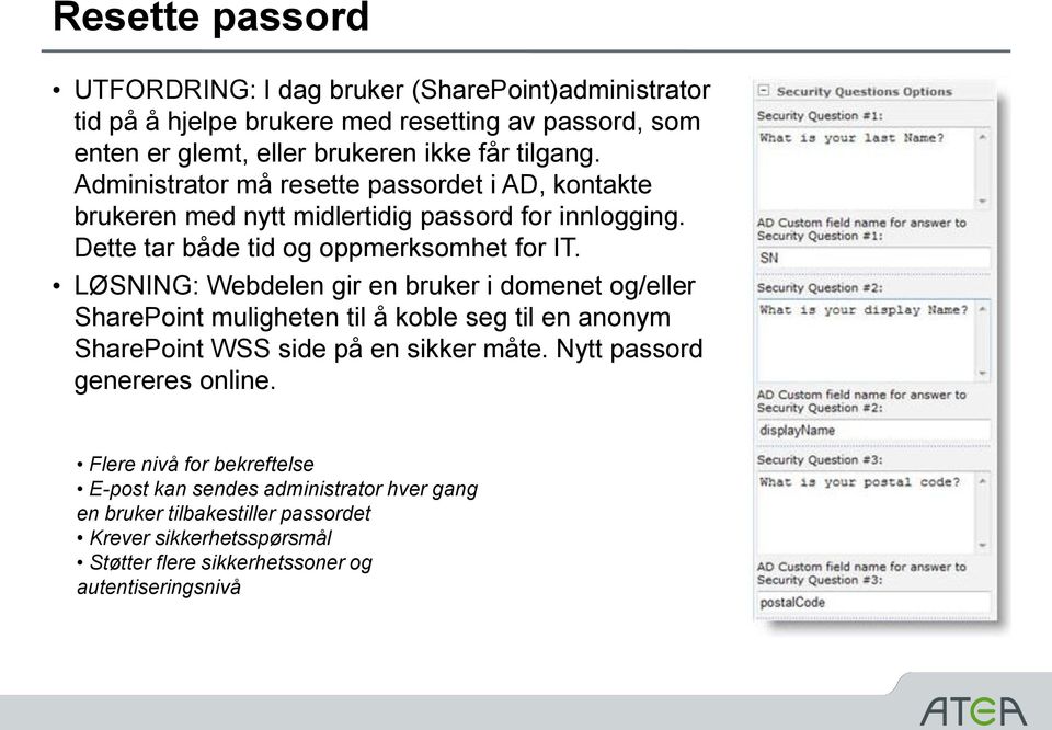 LØSNING: Webdelen gir en bruker i domenet og/eller SharePoint muligheten til å koble seg til en anonym SharePoint WSS side på en sikker måte.