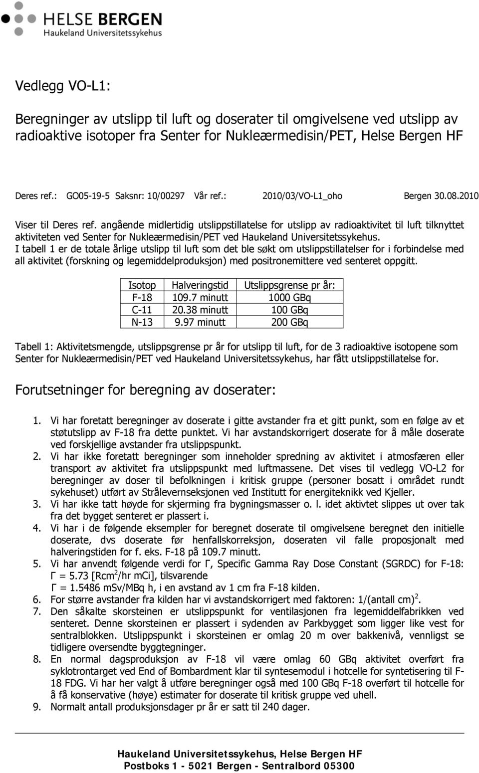angående midlertidig utslippstillatelse for utslipp av radioaktivitet til luft tilknyttet aktiviteten ved Senter for Nukleærmedisin/PET ved Haukeland Universitetssykehus.