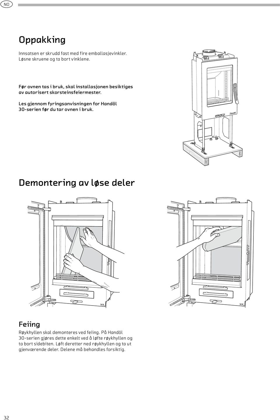 Les gjennom fyringsanvisningen for Handöl 30-serien før du tar ovnen i bruk.