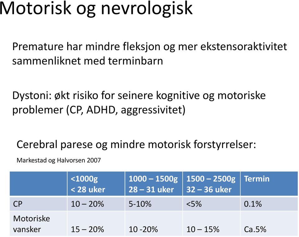 Cerebral parese og mindre motorisk forstyrrelser: Markestad og Halvorsen 2007 <1000g < 28 uker 1000