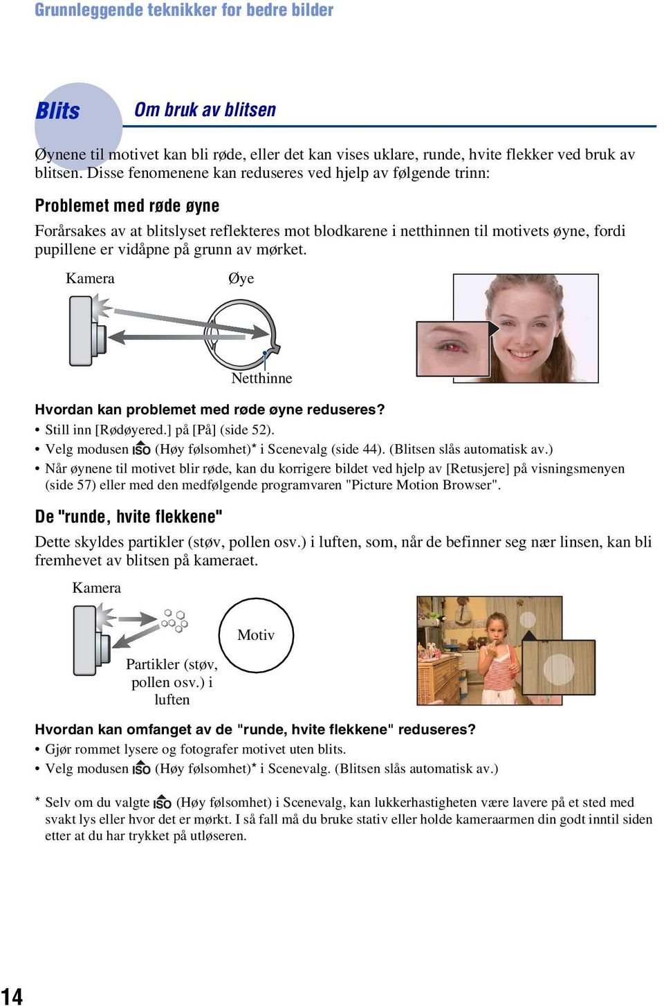 på grunn av mørket. Kamera Øye Netthinne Hvordan kan problemet med røde øyne reduseres? Still inn [Rødøyered.] på [På] (side 52). Velg modusen (Høy følsomhet)* i Scenevalg (side 44).