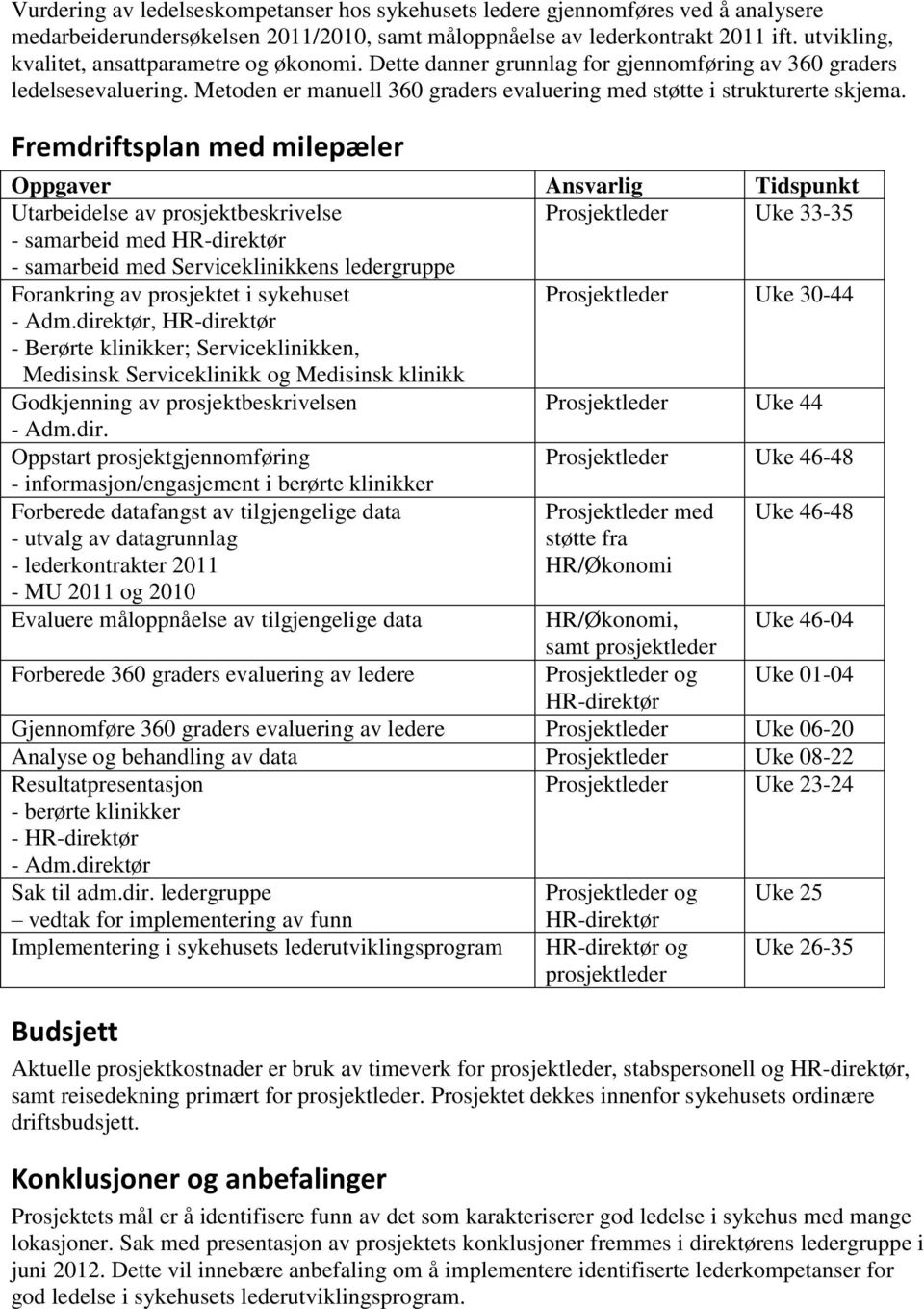 Fremdriftsplan med milepæler Oppgaver Ansvarlig Tidspunkt Utarbeidelse av prosjektbeskrivelse Prosjektleder Uke 33-35 - samarbeid med HR-direktør - samarbeid med Serviceklinikkens ledergruppe