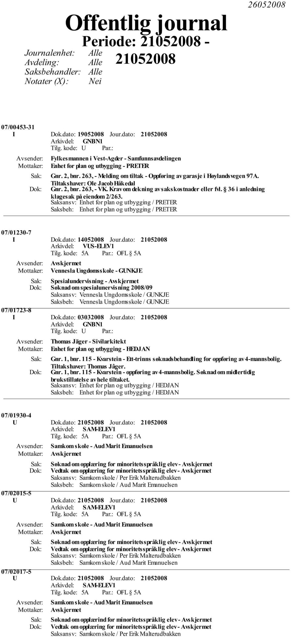 Tiltakshaver: Ole Jacob Håkedal Gnr. 2, bnr. 263, - VK. Krav om dekning av sakskostnader eller fvl. 36 i anledning klagesak på eiendom 2/263.