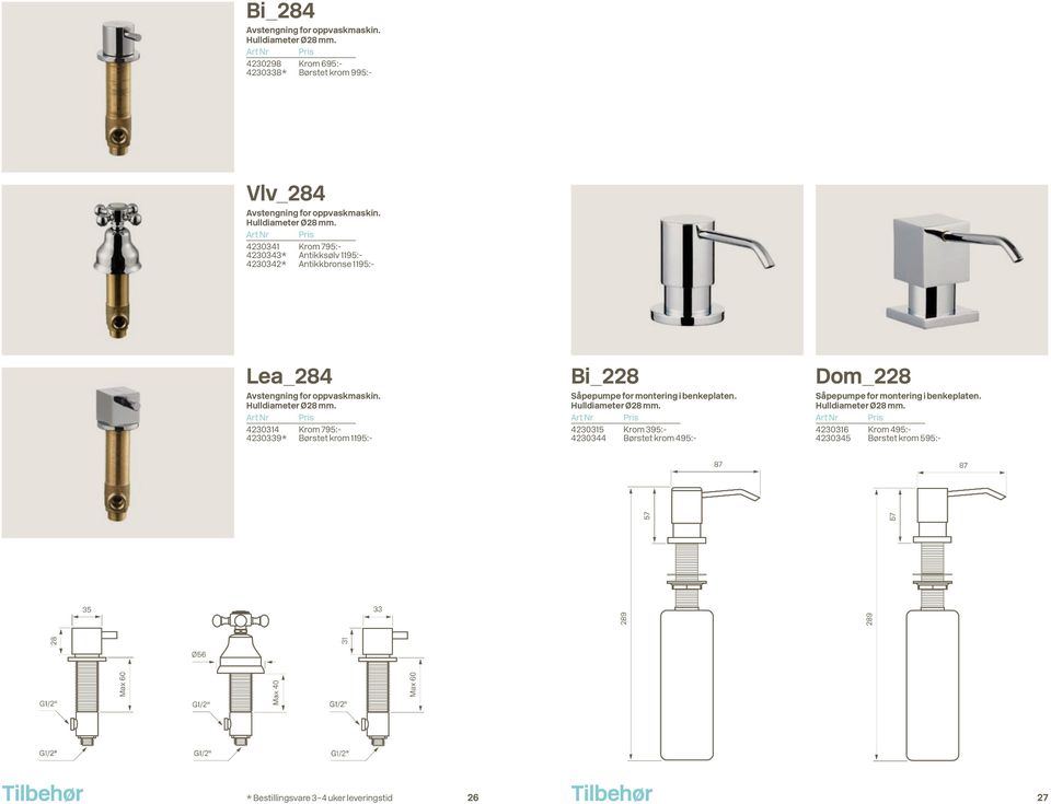 4230314 Krom 795:- 4230339* Børstet krom 1195:- Bi 228 Såpepumpe for montering i benkeplaten. Hulldiameter Ø28 mm.
