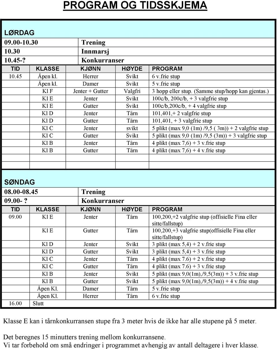 ) Kl E Jenter Svikt 100c/b, 200c/b, + 3 valgfrie stup Kl E Gutter Svikt 100c/b,200c/b, + 4 valgfrie stup Kl D Jenter Tårn 101,401,+ 2 valgfrie stup Kl D Gutter Tårn 101,401, + 3 valgfrie stup Kl C