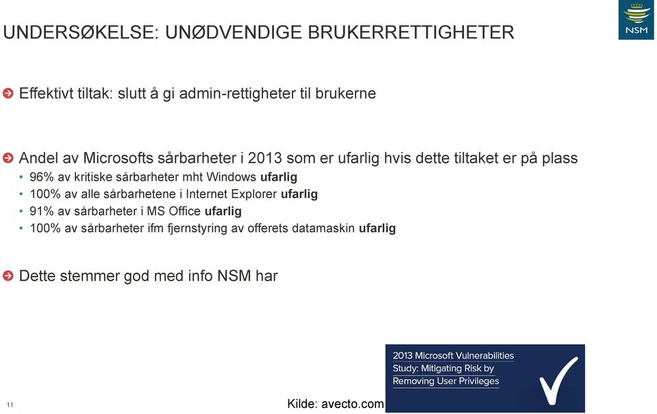 Windows ufarlig 100% av alle sårbarhetene i Internet Explorer ufarlig 91% av sårbarheter i MS Office ufarlig 100%