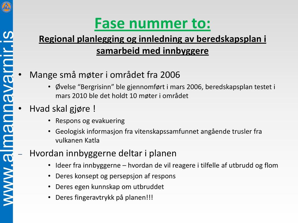 Respons og evakuering Geologisk informasjon fra vitenskapssamfunnet angående trusler fra vulkanen Katla Hvordan innbyggerne deltar i planen Ideer