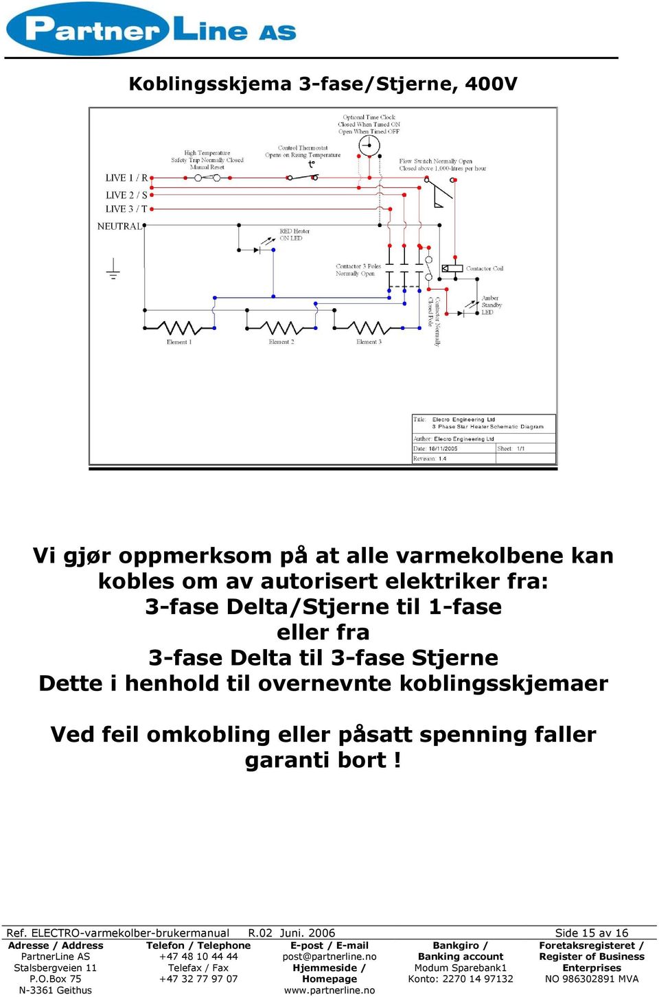 3-fase Stjerne Dette i henhold til overnevnte koblingsskjemaer Ved feil omkobling eller