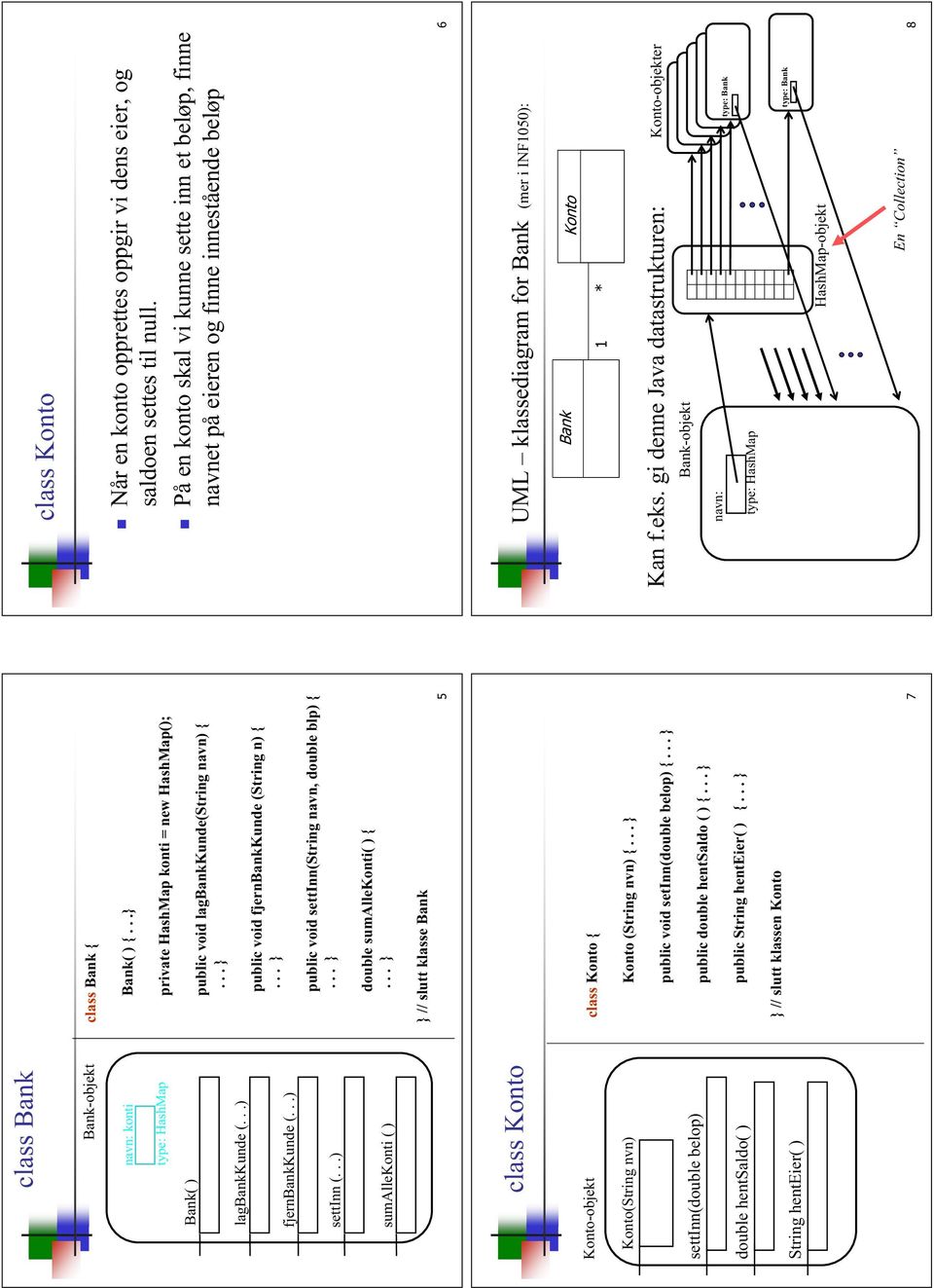 .. private HashMap konti = new HashMap(); public void lagbankkunde(string navn) {... public void fjernbankkunde (String n) {... public void settinn(string navn, double blp) {.