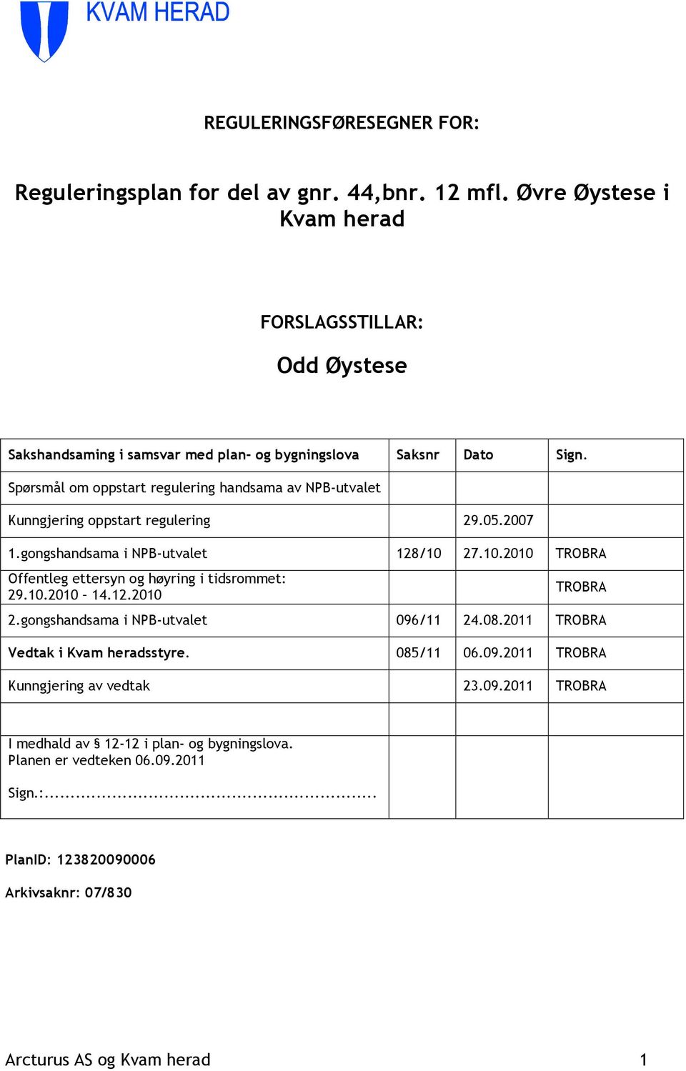 Spørsmål om oppstart regulering handsama av NPB-utvalet Kunngjering oppstart regulering 29.05.2007 1.gongshandsama i NPB-utvalet 128/10 