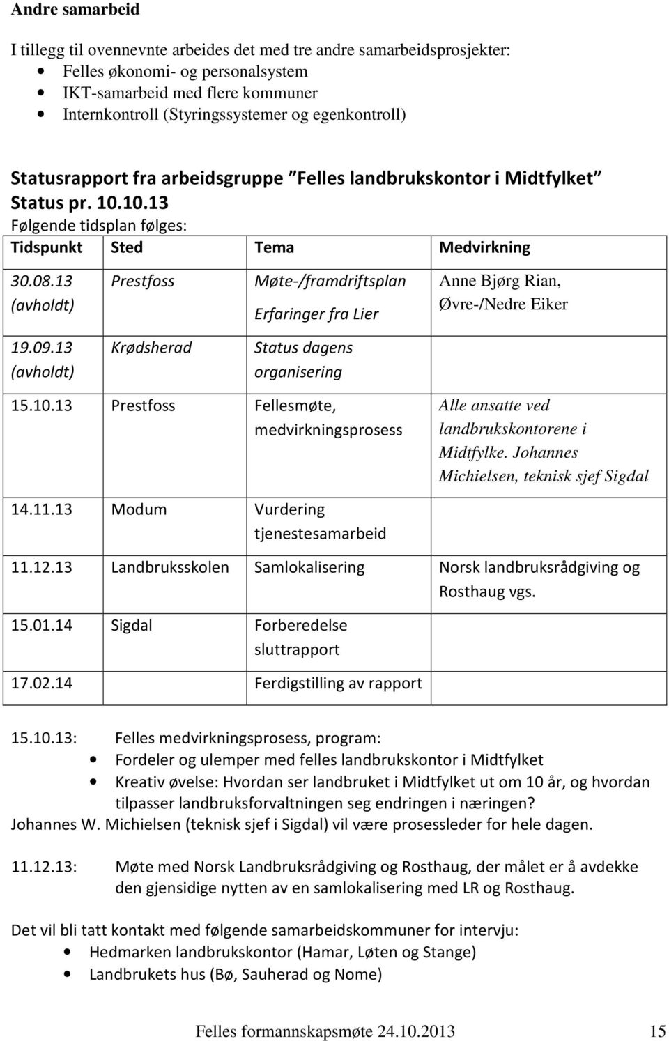 13 (avholdt) Prestfoss Møte-/framdriftsplan Erfaringer fra Lier Anne Bjørg Rian, Øvre-/Nedre Eiker 19.09.13 (avholdt) Krødsherad Status dagens organisering 15.10.