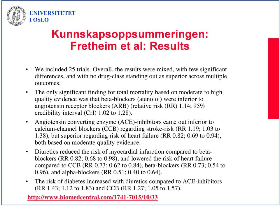 The only significant finding for total mortality based on moderate to high quality evidence was that beta-blockers (atenolol) were inferior to angiotensin receptor blockers (ARB) (relative risk (RR)