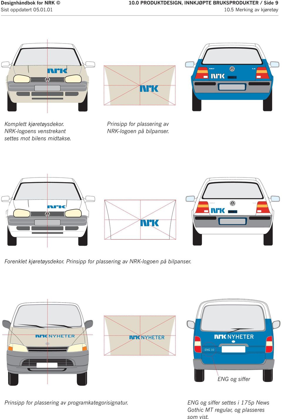 Forenklet kjøretøysdekor. Prinsipp for plassering av NRK-logoen på bilpanser.
