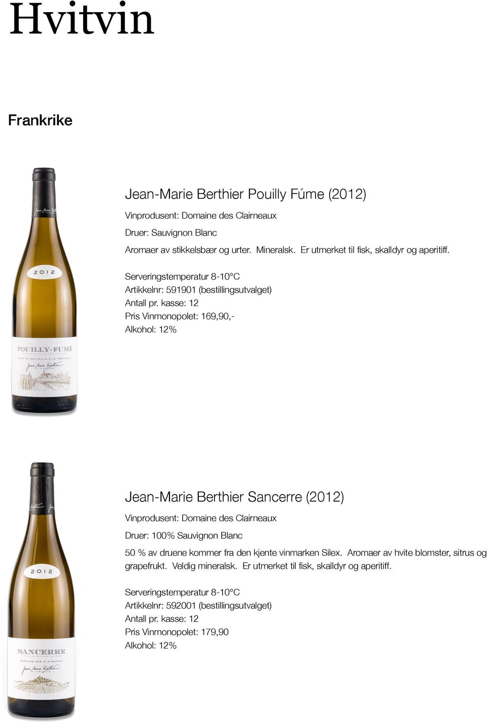 kasse: 12 Pris Vinmonopolet: 169,90,- Alkohol: 12% Jean-Marie Berthier Sancerre (2012) Vinprodusent: Domaine des Clairneaux Druer: 100% Sauvignon Blanc 50 % av druene