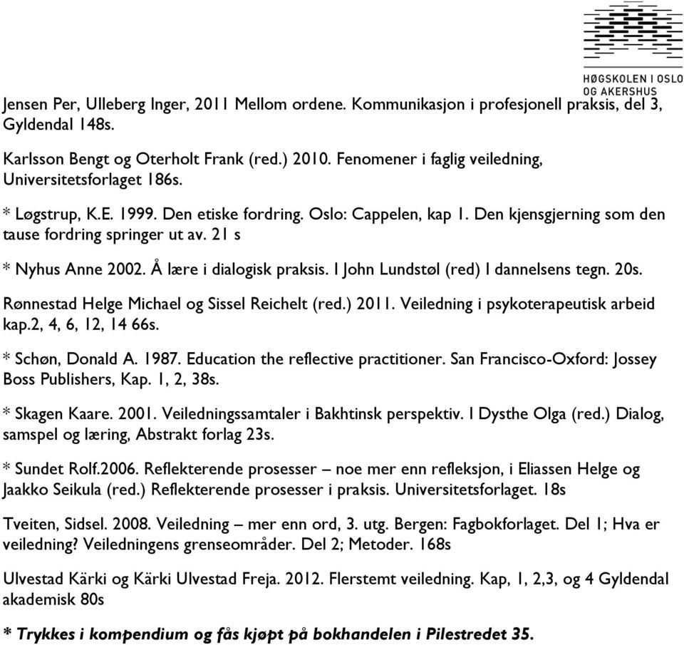 21 s * Nyhus Anne 2002. Å lære i dialogisk praksis. I John Lundstøl (red) I dannelsens tegn. 20s. Rønnestad Helge Michael og Sissel Reichelt (red.) 2011. Veiledning i psykoterapeutisk arbeid kap.