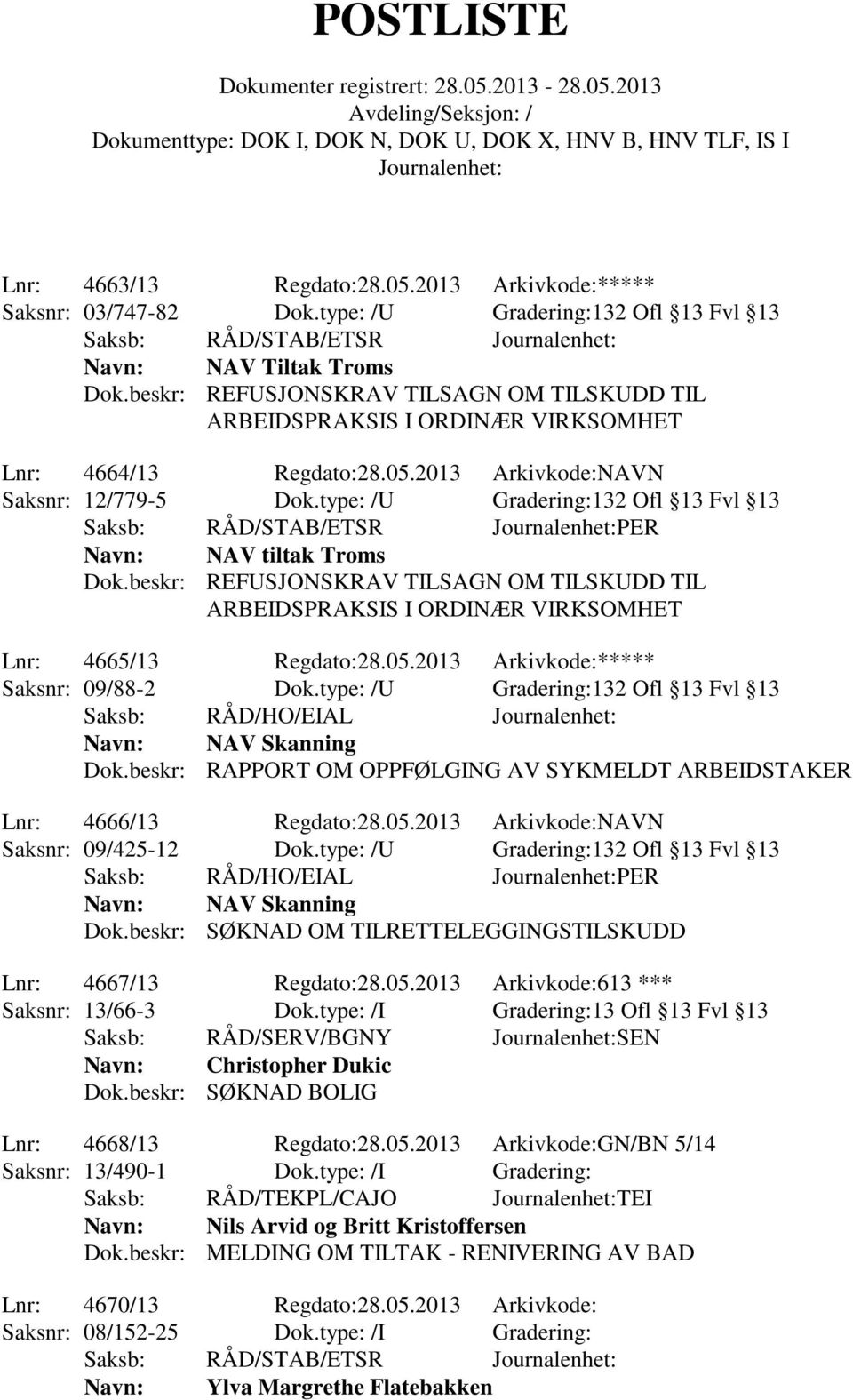 type: /U Gradering:132 Ofl 13 Fvl 13 Saksb: RÅD/HO/EIAL NAV Skanning Dok.beskr: RAPPORT OM OPPFØLGING AV SYKMELDT ARBEIDSTAKER Lnr: 4666/13 Regdato:28.05.2013 Arkivkode:NAVN Saksnr: 09/425-12 Dok.