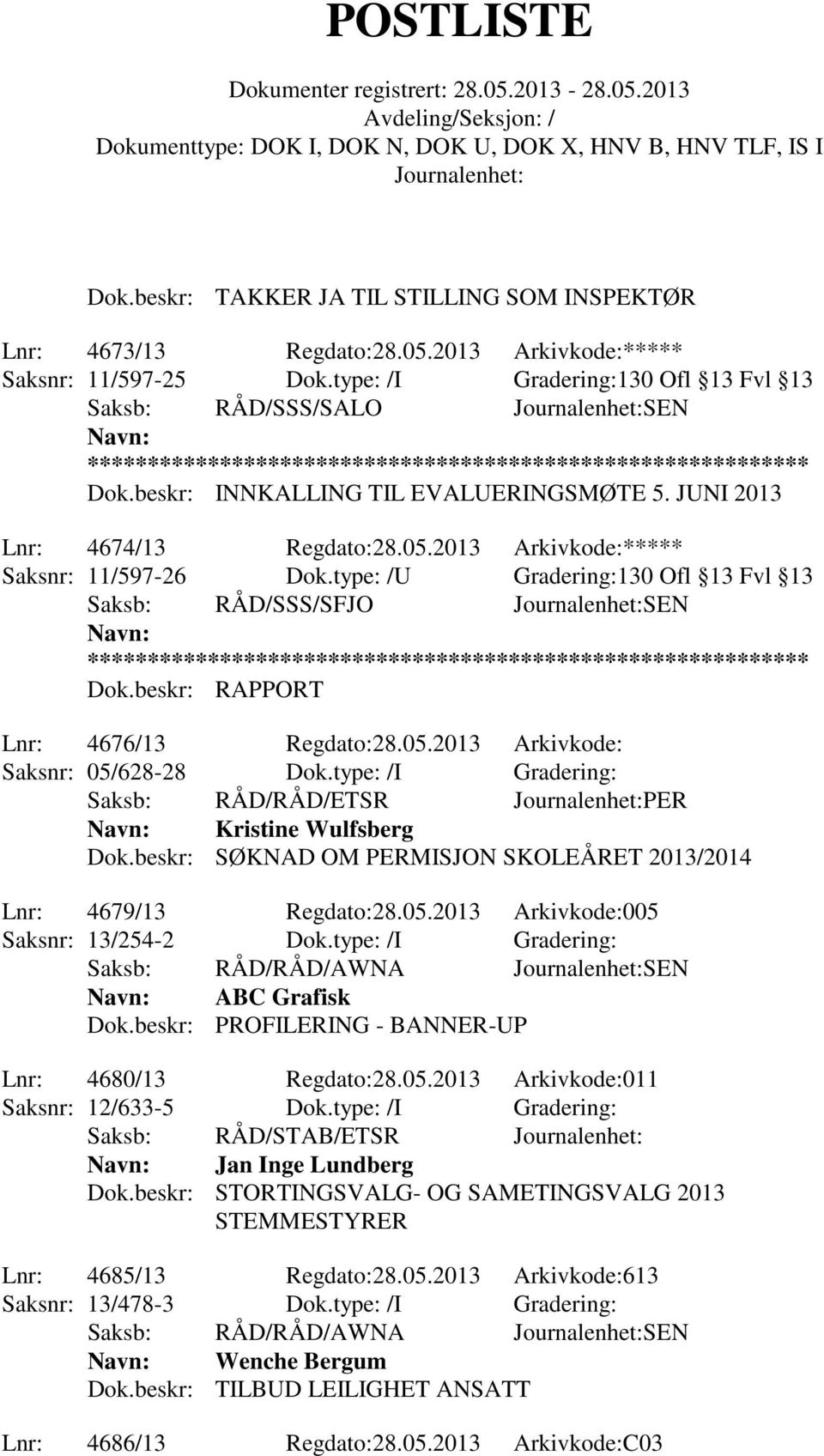 beskr: RAPPORT Lnr: 4676/13 Regdato:28.05.2013 Arkivkode: Saksnr: 05/628-28 Dok.type: /I Gradering: Saksb: RÅD/RÅD/ETSR PER Kristine Wulfsberg Dok.