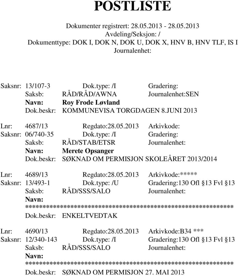 beskr: SØKNAD OM PERMISJON SKOLEÅRET 2013/2014 Lnr: 4689/13 Regdato:28.05.2013 Arkivkode:***** Saksnr: 13/493-1 Dok.