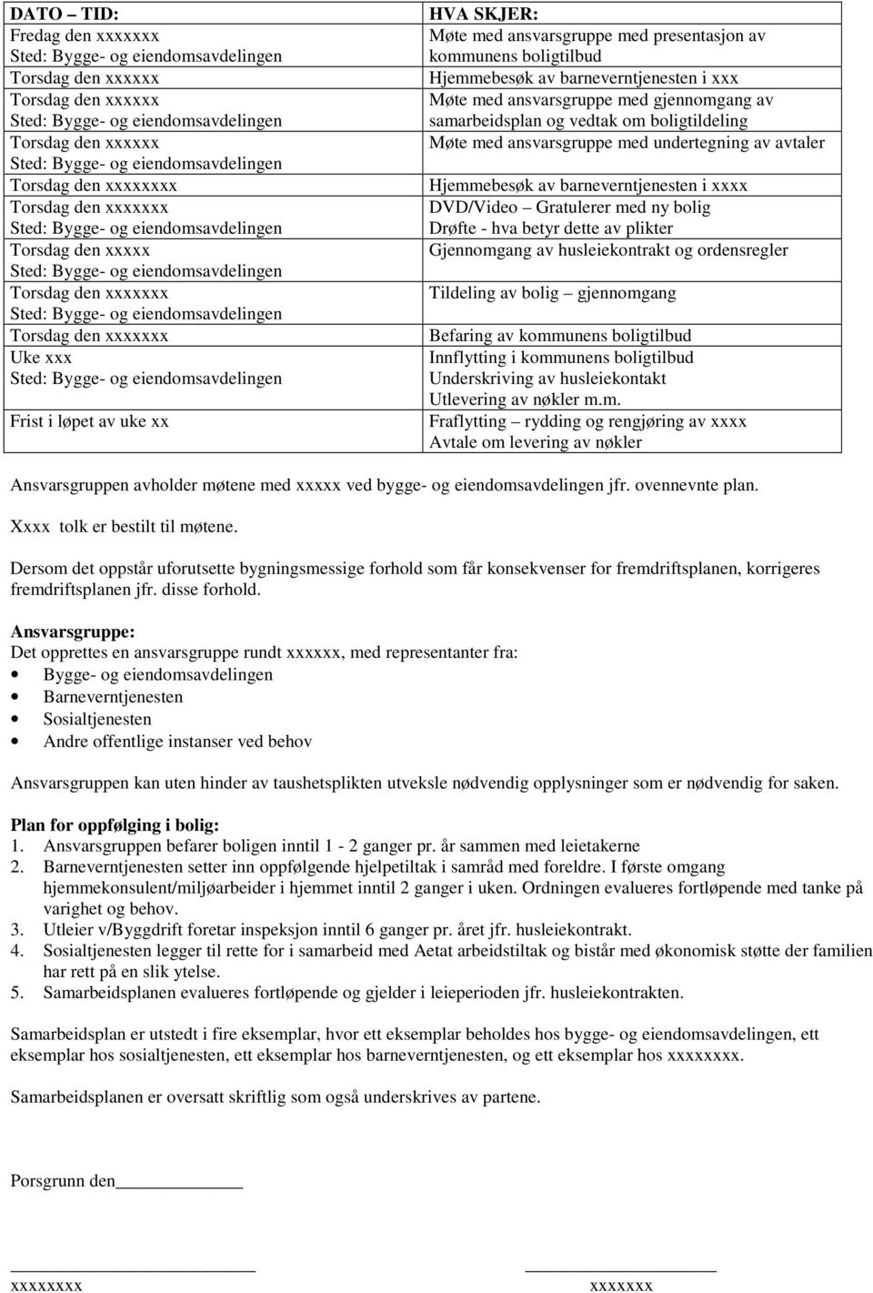 xxx Sted: Bygge- og eiendomsavdelingen Frist i løpet av uke xx HVA SKJER: Møte med ansvarsgruppe med presentasjon av kommunens boligtilbud Hjemmebesøk av barneverntjenesten i xxx Møte med