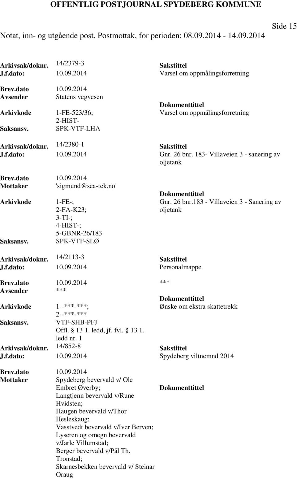 no' 1-FE-; 2-FA-K23; 4-HIST-; 5-GBNR-26/183 SPK-VTF-SLØ Gnr. 26 bnr.183 - Villaveien 3 - Sanering av oljetank Arkivsak/doknr. 14/2113-3 Sakstittel J.f.dato: 10.09.