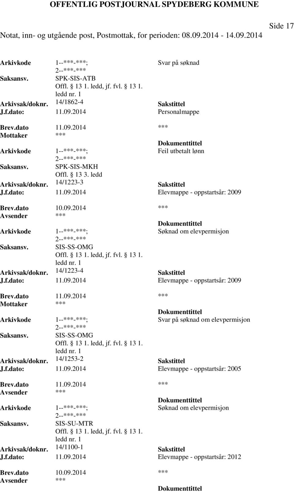 dato 11.09.2014 *** Svar på søknad om elevpermisjon SIS-SS-OMG Arkivsak/doknr. 14/1253-2 Sakstittel J.f.dato: 11.09.2014 Elevmappe - oppstartsår: 2005 Brev.dato 11.09.2014 *** Søknad om elevpermisjon SIS-SU-MTR Arkivsak/doknr.