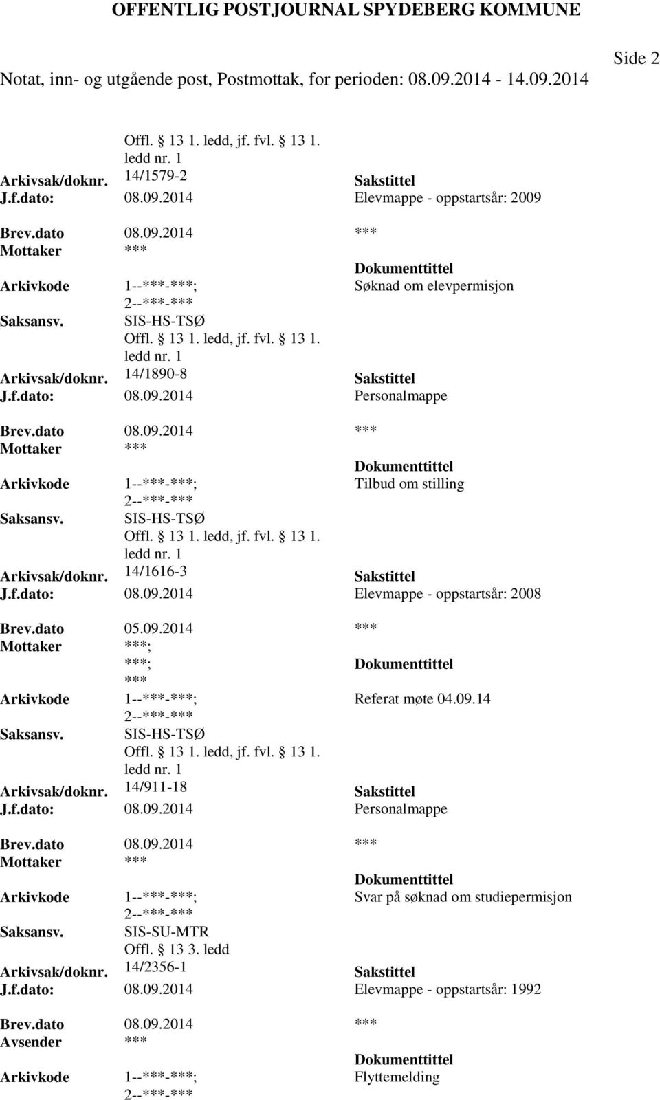 dato 05.09.2014 *** ; *** Referat møte 04.09.14 SIS-HS-TSØ Arkivsak/doknr. 14/911-18 Sakstittel J.f.dato: 08.09.2014 Personalmappe Brev.dato 08.09.2014 *** Svar på søknad om studiepermisjon SIS-SU-MTR Offl.