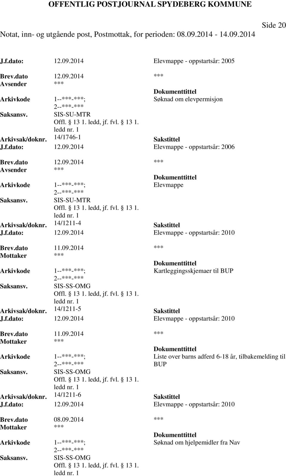 14/1211-5 Sakstittel J.f.dato: 12.09.2014 Elevmappe - oppstartsår: 2010 Brev.dato 11.09.2014 *** SIS-SS-OMG Liste over barns adferd 6-18 år, tilbakemelding til BUP Arkivsak/doknr.