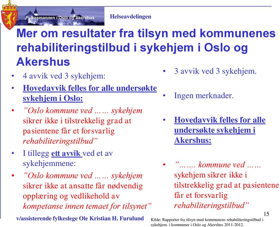 nødvendig opplæring og vedlikehold av kompetanse innen temaet for tilsynet 3 avvik ved 3 sykehjem. Ingen merknader. Hovedavvik felles for alle undersøkte sykehjem i Akershus:.