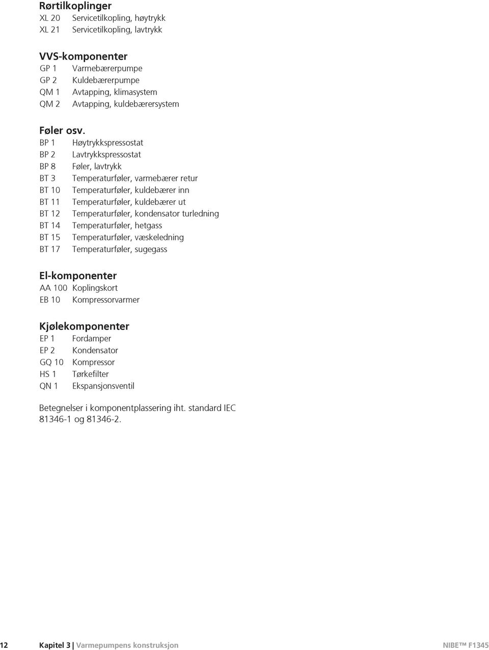 BP 1 Høytrykkspressostat BP 2 Lavtrykkspressostat BP 8 Føler, lavtrykk BT 3 Temperaturføler, varmebærer retur BT 10 Temperaturføler, kuldebærer inn BT 11 Temperaturføler, kuldebærer ut BT 12