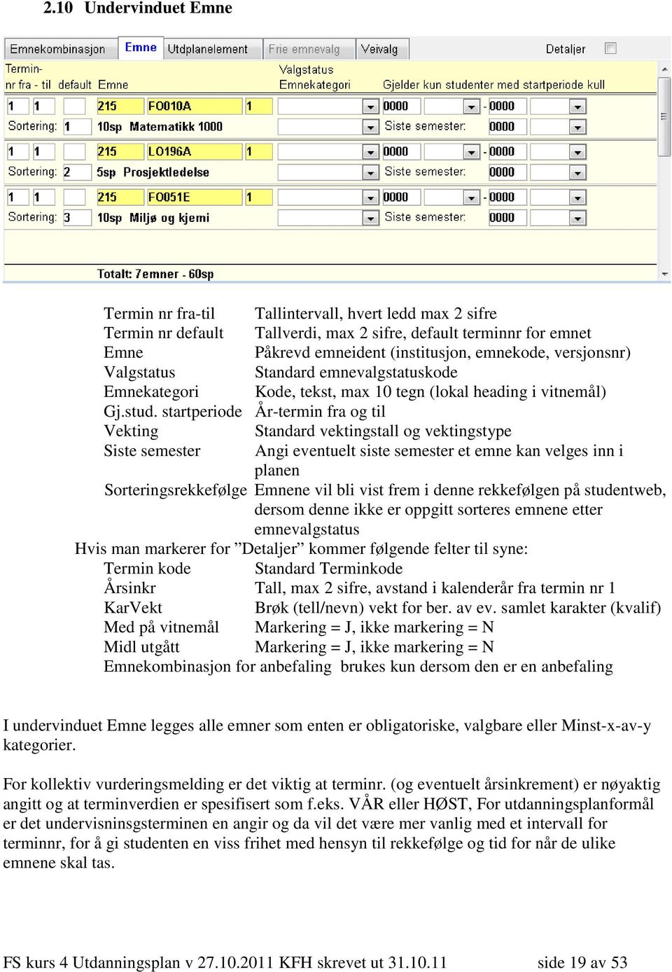 startperiode År-termin fra og til Vekting Standard vektingstall og vektingstype Siste semester Angi eventuelt siste semester et emne kan velges inn i planen Sorteringsrekkefølge Emnene vil bli vist