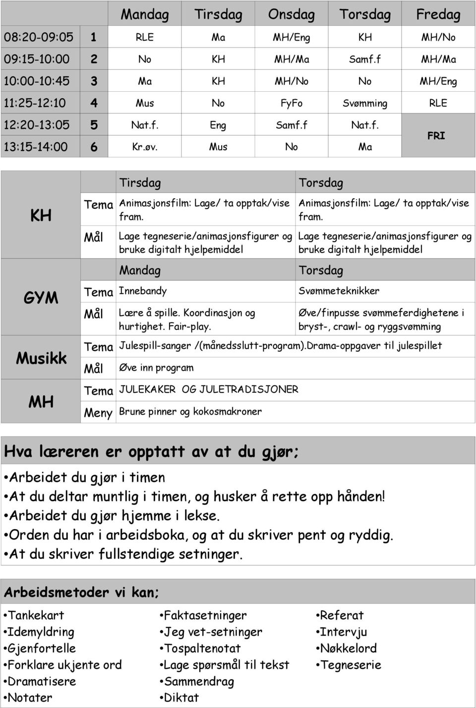 Mus No Ma FRI KH GYM Musikk MH Tirsdag Animasjonsfilm: Lage/ ta opptak/vise fram. Lage tegneserie/animasjonsfigurer og bruke digitalt hjelpemiddel Mandag Innebandy Lære å spille.