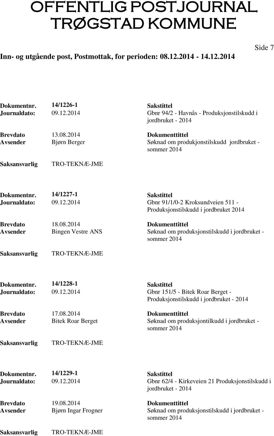 08.2014 Dokumenttittel Avsender Bingen Vestre ANS Søknad om produksjonstilskudd i jordbruket - Dokumentnr. 14/122