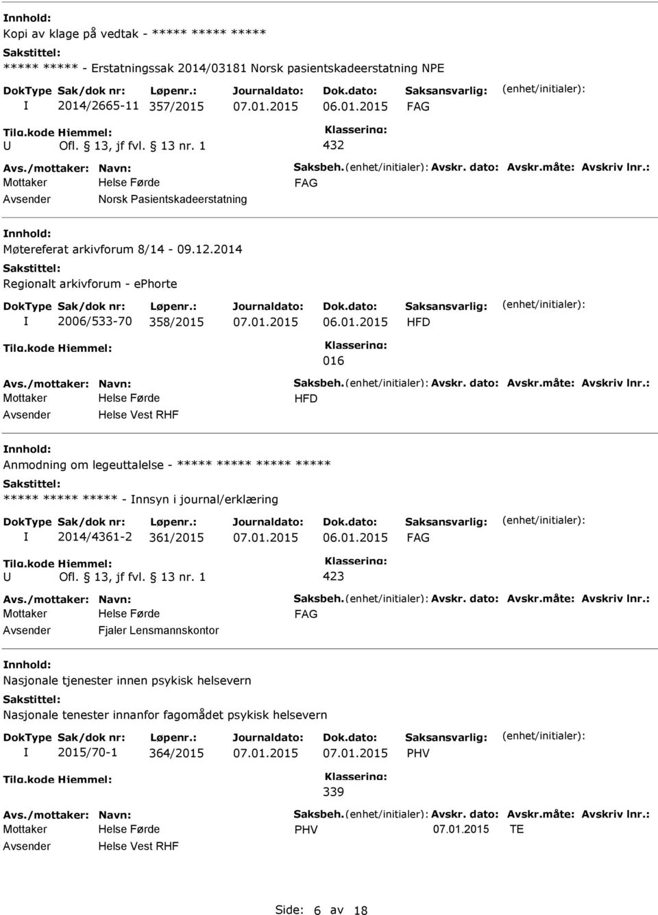 Avskr. dato: Avskr.måte: Avskriv lnr.: HFD Helse Vest RHF Anmodning om legeuttalelse - ***** ***** ***** ***** ***** ***** ***** - nnsyn i journal/erklæring 2014/4361-2 361/2015 06.01.2015 Avs.