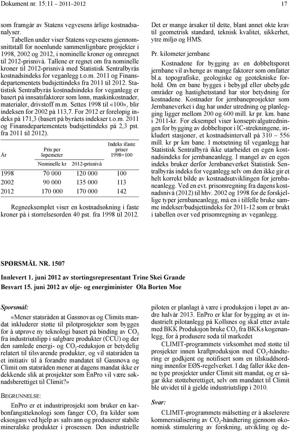 Tallene er regnet om fra nominelle kroner til 2012-prisnivå med Statistisk Sentralbyrås kostnadsindeks for veganlegg t.o.m. 2011 og Finansdepartementets budsjettindeks fra 2011 til 2012.