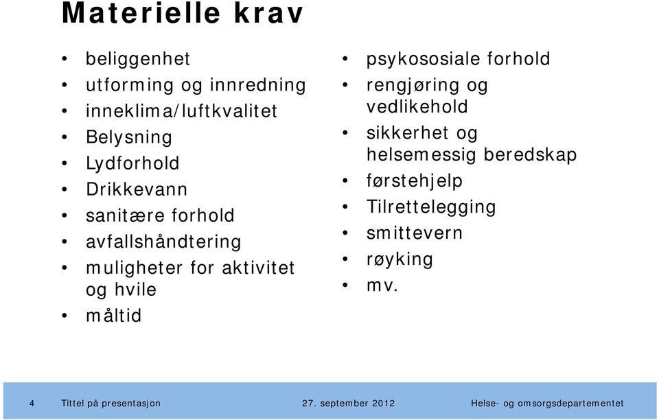 for aktivitet og hvile måltid psykososiale forhold rengjøring og vedlikehold