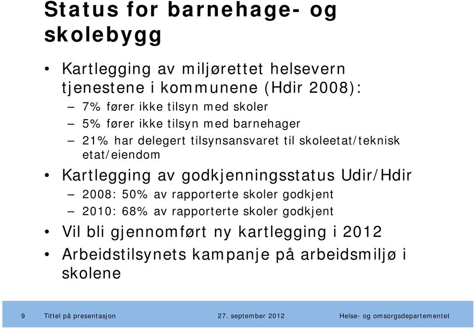 etat/eiendom Kartlegging av godkjenningsstatus Udir/Hdir 2008: 50% av rapporterte skoler godkjent 2010: 68% av